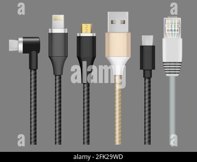 Verbinder realistisch. Kabelstecker für Geräte Laden und Anschluss Mobile Wire Lightning usb Typ-c Vektor-Set Stock Vektor