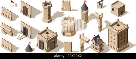 Burgen isometrisch. Mittelalterliche Gebäude Backsteinmauer für Low-Poly-Spiel Asset alten Fort-Vektor-Set Stock Vektor