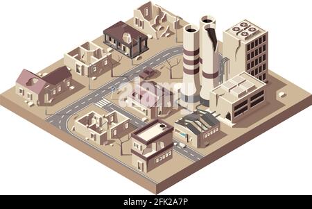 Stadtruinen. Verlassene Stadt mit gebrochenen Gebäuden Herstellung Stadtverfall vandalisierte Objekte Vektor isometrisch Stock Vektor