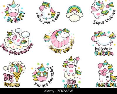 Unicorn Labels Kollektion. Retro-modische Aufkleber und Abzeichen mit Fantasy lustige Charaktere Vektor-Set Stock Vektor
