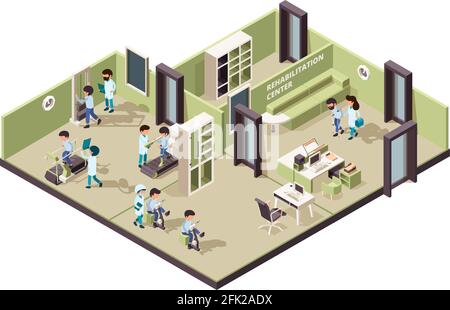 Rehabilitationsklinik. Krankenschwester, die dem Patienten bei der professionellen Behandlung hilft, körperliche Bewegung für den indiven Vektor-isometrischen Innenraum Stock Vektor