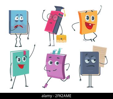 Bücher von Charakteren. Cartoon lustige Gesichter von alten Büchern geöffnet und geschlossen Vektor Maskottchen Sammlung Stock Vektor