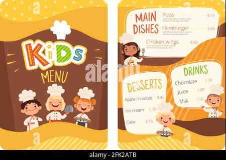 Kindermenü. Kinder Kochen Essen kleiner Koch Restaurant Essen Menü für kleine glückliche Völker Vektor Cartoon Vorlage Stock Vektor