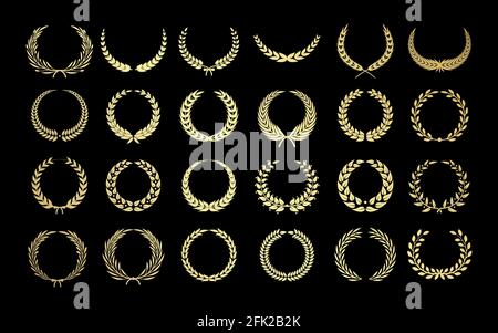 Griechischer Kranz. Goldgewinnerin Lorbeer, Adel und Achieveing. Blumen- und Olivenzweige Auszeichnungen, Vektor-Set Stock Vektor
