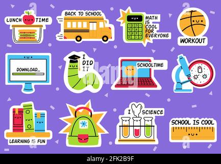 Schulaufkleber. Zurück in die Schule, Bildung Abzeichen, Schulbedarf handgezeichnete Aufkleber isoliert Vektor Illustration Set. Bildung zurück in die Schule Stock Vektor