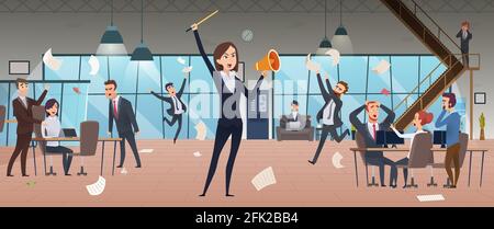 Verärgerte weibliche Chefin. Deadline Corporate Prozesse Manager Problem läuft in Stress Arbeitsplatz Büro Vektor Hintergrund Stock Vektor