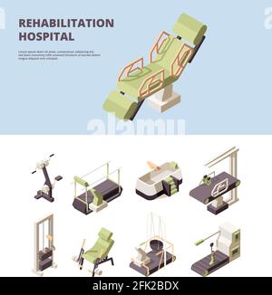 Rehabilitationsklinik. Arzt im Gesundheitszentrum zeigt Bewegung für behinderte Person Arzt Assistent Vektor isometrisch Stock Vektor