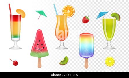 Realistische Sommersüße. Frischer Saft, Cocktails und Eis. Farbenfrohe saisonale Lebensmittel, Beeren und Fruchtscheiben Vektor-Set Stock Vektor