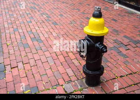 Schwarzer und gelber Hydrant auf einem roten Ziegelsteinsteig In einer Innenstadt Stockfoto