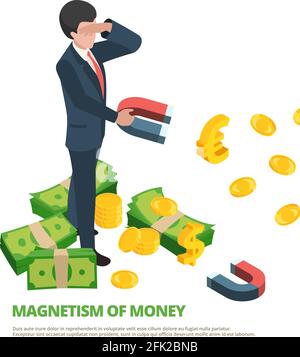 Magnet Geld. Business Connection Financial Dollar Magnetismus Vektor isometrisches Konzept Stock Vektor