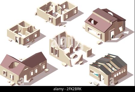 Verlassene Gebäude. Isometrische zerbrochene Häuser Stadt ruinierte Objekte Vektor architektonische Objekte gesetzt Stock Vektor
