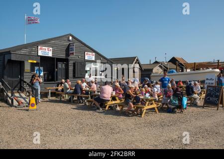 Frau TS Fish and Chips. Southwold Harbour, Suffolk, Großbritannien. Stockfoto