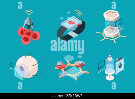 Nanotechnologie isometrisch. Bio Moderne medizinische Systeme Nanorobot menschliche Implantatorgane Forschungsmaschinen Vektor zukünftige Medizin Bilder Stock Vektor