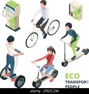 UMWELTFREUNDLICHER Transport von Menschen. 3D Fahrrad Elektro Auto urban Fahrzeug Fahrrad segway Vektor isometrische Illustrationen Stock Vektor