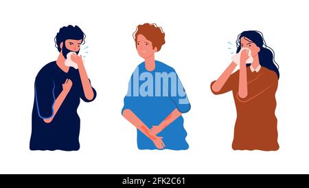 Saisonale Allergie. Allergische Menschen, kratzende Haut, Husten und Niesen. Isolierte kranke Mann Frau Vektor-Illustration Stock Vektor