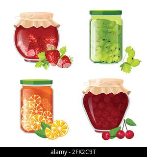 Marmeladengläser. Marmelade Zucker gesunde Früchte Dessert in Topf jamming Erdbeere Kiwi Kirschen Vektor Cartoon Sammlung Stock Vektor