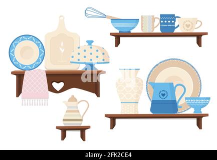 Kochgeschirr aus Keramik. Cafe Restaurant Ausrüstung dekorative handgemachte farbige Geschirr Tassen Teekannen Überzug Vektor stilvolle Kochgeschirr Stock Vektor