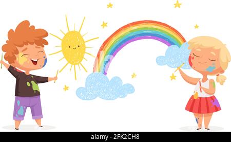 Kinder zeichnen Regenbogen. Glückliche kleine Künstler malen Sonne Wolken Vektor lustige Kinder Stock Vektor