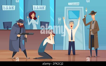 Raubbank. Masked Bandit Gangster Raub Geld Bargeld schlechte Sicherheit Service Vektor Cartoon Hintergrund Stock Vektor
