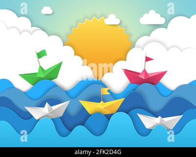Papierboot. Origami Wasserwellen mit Schatten aus geschnittenem Papier Segelschiff Vektor abstrakt stilisierte Landschaft Stock Vektor
