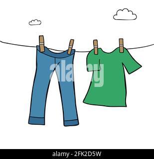 Cartoon-Vektor-Illustration von hängen Wäsche Kleidung auf einer Wäscheleine, Jeans und T-Shirt. Farbige und schwarze Umrisse. Stock Vektor