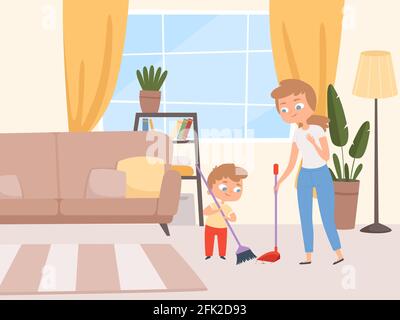 Hausarbeit Kinder helfen. Kinder waschen Wohnzimmer mit Eltern Reinigung Haus mit Vater und Mutter Vektor-Cartoon-Figuren Stock Vektor