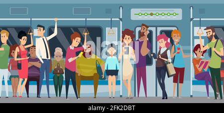 U-Bahn-Rush Hour. Menschenmenge in der städtischen U-Bahn täglich hetzen Menschen gehen zu den Arbeitsreisenden im Zug mit Telefon und Bücher Vektor-Cartoon-Figuren Stock Vektor