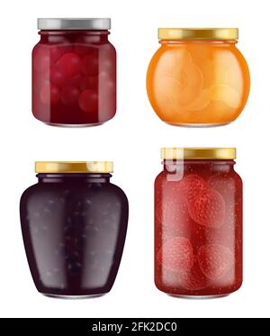 Marmeladenglas. Realistische hausgemachte Marmelade traditionelle Gourmet gesunde Gelee Lebensmittel aus Obst-Vektor-Sammlung Stock Vektor