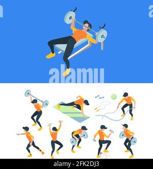 Fitnesstraining. Fitness-Training Menschen machen Sport-Übungen Muskelsportler Vektor isometrische Illustrationen Stock Vektor