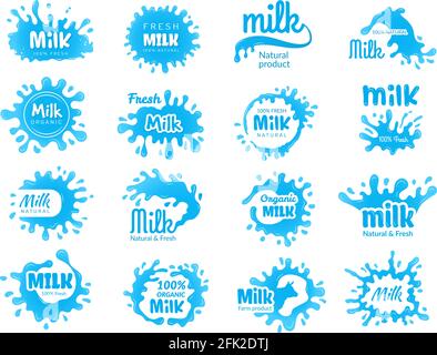 Logo für Milchprodukte. Milchjoghurt und Lecho Farm Abzeichen Design mit fließenden flüssigen Milchprodukten mit Spritzer Vektor-Set Stock Vektor