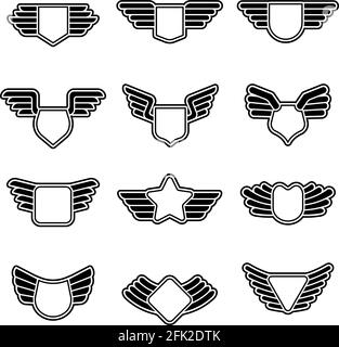 Wings-Abzeichen. Stilisierte geometrische Armee Schilde leere Luftfahrt-Embleme mit Symbolen der Flügel Vektor Corporate Insignien Stock Vektor