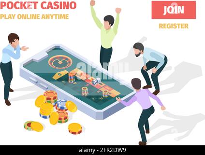 Online-Casino. Gewinner glücklich glücklich Menschen spielen Roulette Blackjack Glücksspiel auf Smartphones und Tablets Vektor isometrisches Gaming-Konzept Stock Vektor