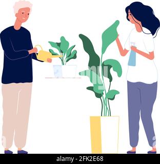 Hausgarten. Mann Frau Pflege Pflanzen. Grünes Haus, Bäume in Töpfen. Menschen Pflanzen Blumen Vektor Illustration Stock Vektor