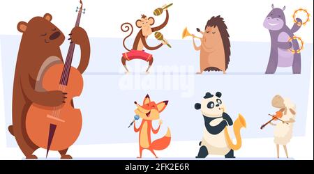 Animals Musiker. Wild Cartoon Zoo Tiere mit Musikinstrumenten Gesang und Song spielen Band mit Gitarre Violine Vektor lustige set Stock Vektor