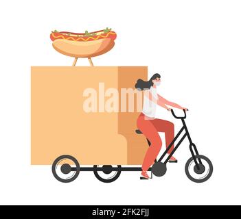 Delivery woman in medical face mask riding on bike and delivers hot dogs vector flat illustration isolated on white background. Online shopping, non contact delivery service, and logistics concept. Stock Vektor
