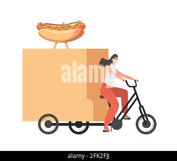 Lieferung Frau in medizinischen Gesichtsmaske Reiten auf Fahrrad und liefert Hot Dogs Vektor flache Illustration isoliert auf weißem Hintergrund. Online-Shopping, kontaktlose Lieferung und Logistikkonzept. Stock Vektor