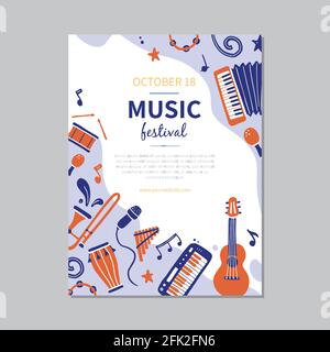 Handgezeichnete Banner für Musikfestival mit Musikinstrument. Doodle-Skizzenstil. Vektor-Illustration forsic Festival Flyer, Broschüre Hintergrund Stock Vektor