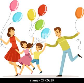 Festlicher Tag der Familie. Eltern mit Kindern verbringen Zeit miteinander. Junge Mädchen Vater und Mutter mit bunten Luftballons Vektor-Illustration Stock Vektor