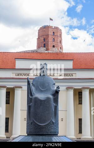 Nationales Museum von Litauen in Vilnius, Litauen. Statue von Mindaugas, dem ersten bekannten Großherzog von Litauen. Turm Von Gediminas. Stockfoto