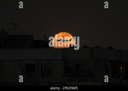 Kairo, Ägypten. April 2021. Am 27. April 2021 wird ein Flugzeug über dem Supermond über Kairo, Ägypten, fliegen sehen. Quelle: Ahmed Gomaa/Xinhua/Alamy Live News Stockfoto