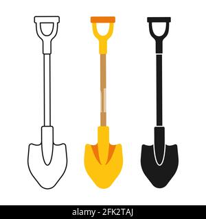 Schaufel Cartoon Satz Linie Symbol, schwarze Glyphe Stil. Arbeitswerkzeug für Outdoor-Aktivitäten Graben Symbol. Ländliche Gartenarbeit, Baumaschinen Sammlung. Handgezeichnete Vektorgrafik des Gartenkonzepts Stock Vektor