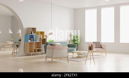 Weißes Wohnzimmer und modernes Esszimmer mit Holzmöbeln.3D Rendering Stockfoto