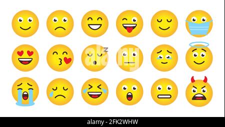 Lustige Emoji-Gesicht der gelben Verlauf Symbole gesetzt. Verschiedene Art Cartoon Emoticon Lächeln. Symbol für Stimmung oder Gesichtsemotion für Apps. Gesicht Liebe, fröhlich oder in maske, traurig, wütend. Isolierte Vektordarstellung Stock Vektor