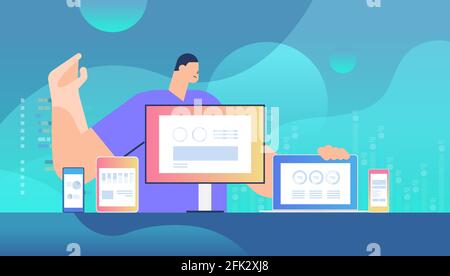 Geschäftsmann überwacht Informationen auf verschiedenen Geräten Adaptive Responsive Web-Design Anwendungsentwicklung Stock Vektor