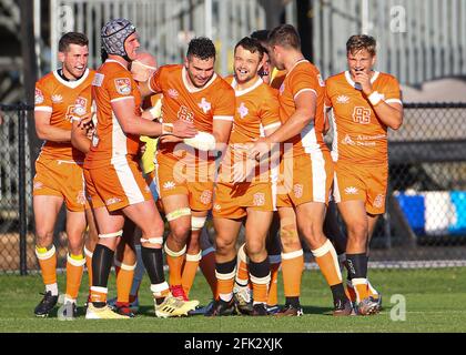 Austin, TX, USA. April 2021. Die Austin Gilgronis feiern nach einem erfolgreichen Versuch in einem Major League Rugby Spiel gegen die Seattle Seawolves am 25. April 2021 in Austin, Texas. Austin Won, 42-15. Quelle: Scott Coleman/ZUMA Wire/Alamy Live News Stockfoto