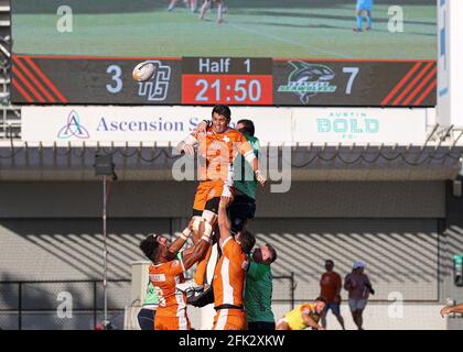 Austin, TX, USA. April 2021. Die Austin Gilgronis spielen am 25. April 2021 in Austin, Texas, die Seattle Seawolves in einem Major League Rugby Match. Austin Won, 42-15. Quelle: Scott Coleman/ZUMA Wire/Alamy Live News Stockfoto