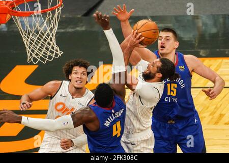 Orlando, Florida, USA, 23. März 2021, Orlando Magic-Spieler Michael Carter-Williams #7 Versuch, einen Korb gegen die Dever Nuggets im Amway Center zu machen (Bildnachweis: Marty Jean-Louis) Stockfoto