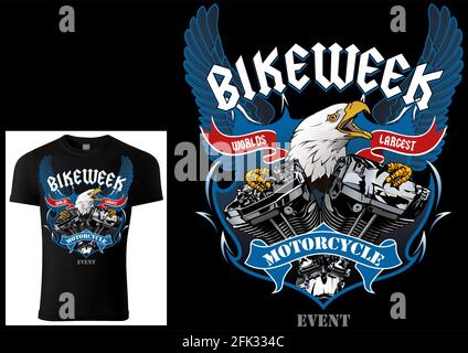 T-Shirt Design für Motorradfahrer mit Eagle und Motor Stock Vektor