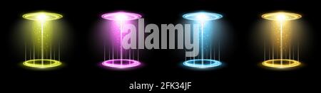 Portale für Hologramme in Farbe festgelegt. Magisches Fantasy-Portal. Magic Circle Teleport Podium mit Hologramm-Effekt. Vektor bunte Strahlen leuchten mit Funken auf schwarz Stock Vektor