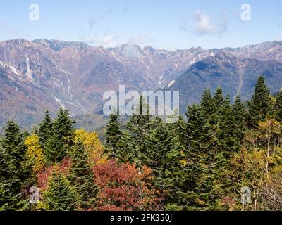 Herbstfarben in japanischen Alpen - Blick von der Shin-Hotaka-Seilbahn in der Präfektur Gifu, Japan Stockfoto